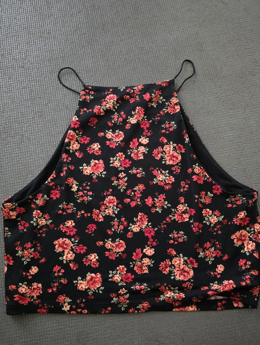 Floral High-Neck Crop Top - Black with Red Floral